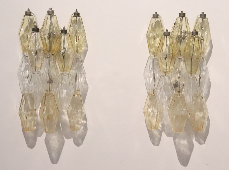 Coppia di appliques in vetro di Murano serie "Poliedri", disegnate da Carlo Scarpa (1906-1978)
