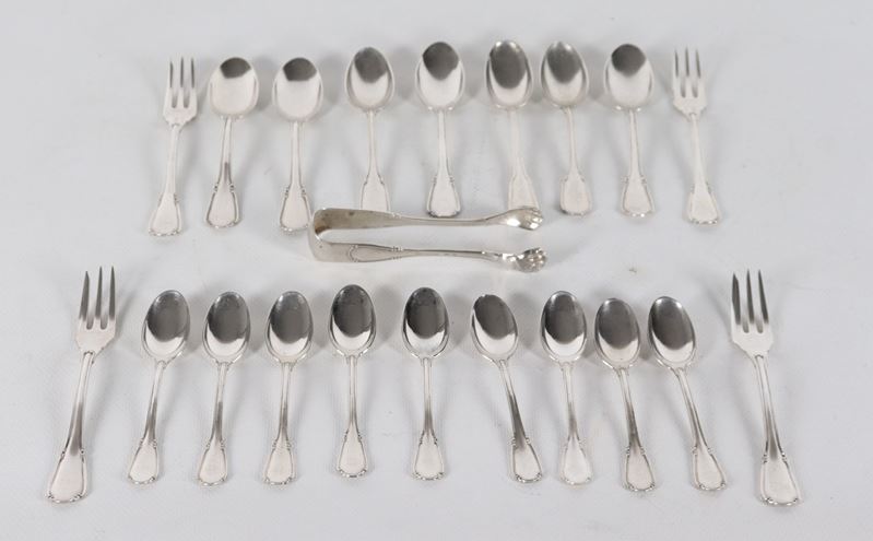 Lotto in argento di posate da tè e caffè (21 pz.), gr. 465