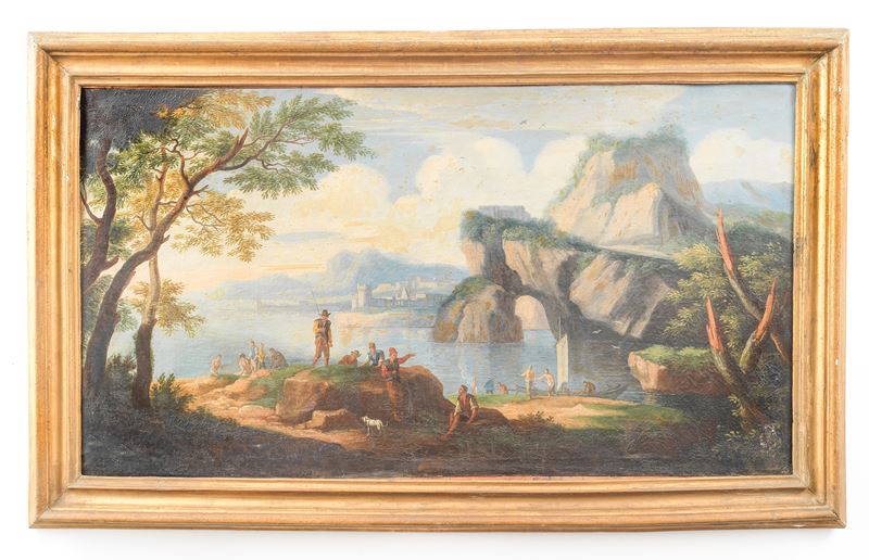 Allievo di. 'Paesaggio fantasioso con Arco Naturale e personaggi'