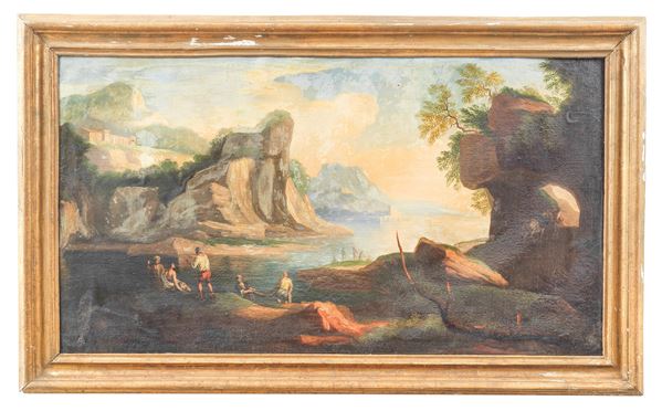Paolo Anesi - Allievo di. "Paesaggio fantasioso con viandanti, pescatori e città fortificata sullo sfondo" 