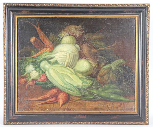 Pittore Italiano Inizio XIX Secolo - Firmato e datato Roma 1858 sul retro della tela. "Natura morta di ortaggi"