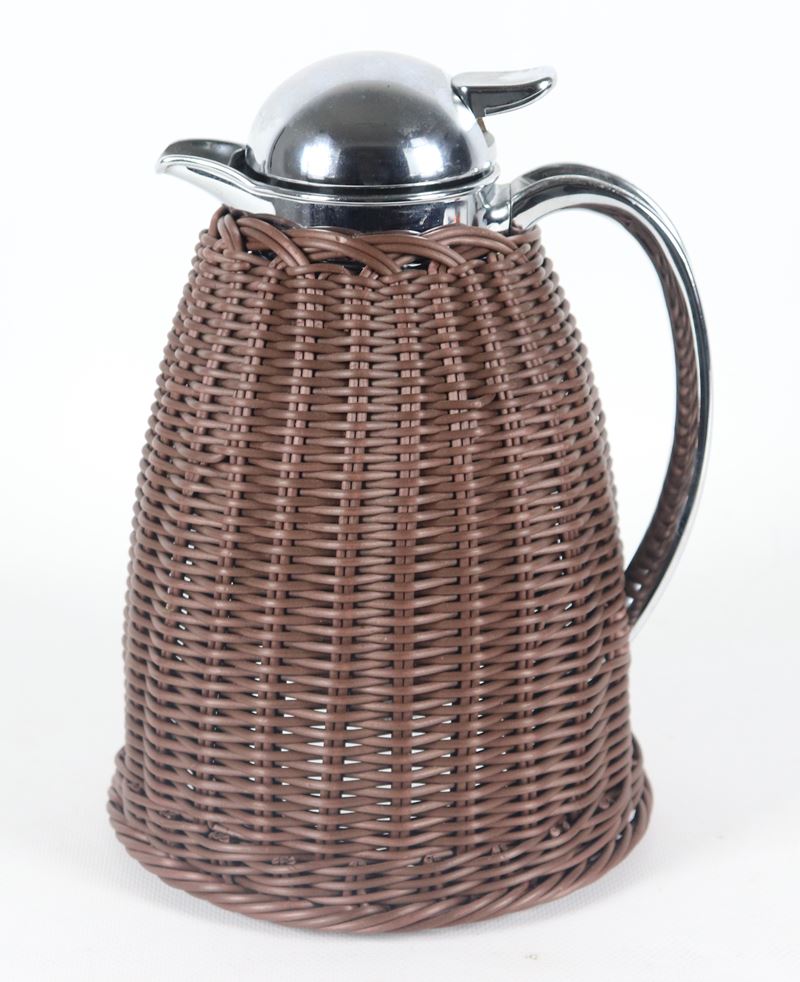 Brocca termica vintage rivestita a finto midollino marrone