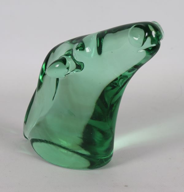 "Testa di cavallo", piccola scultura in vetro verde di Murano 