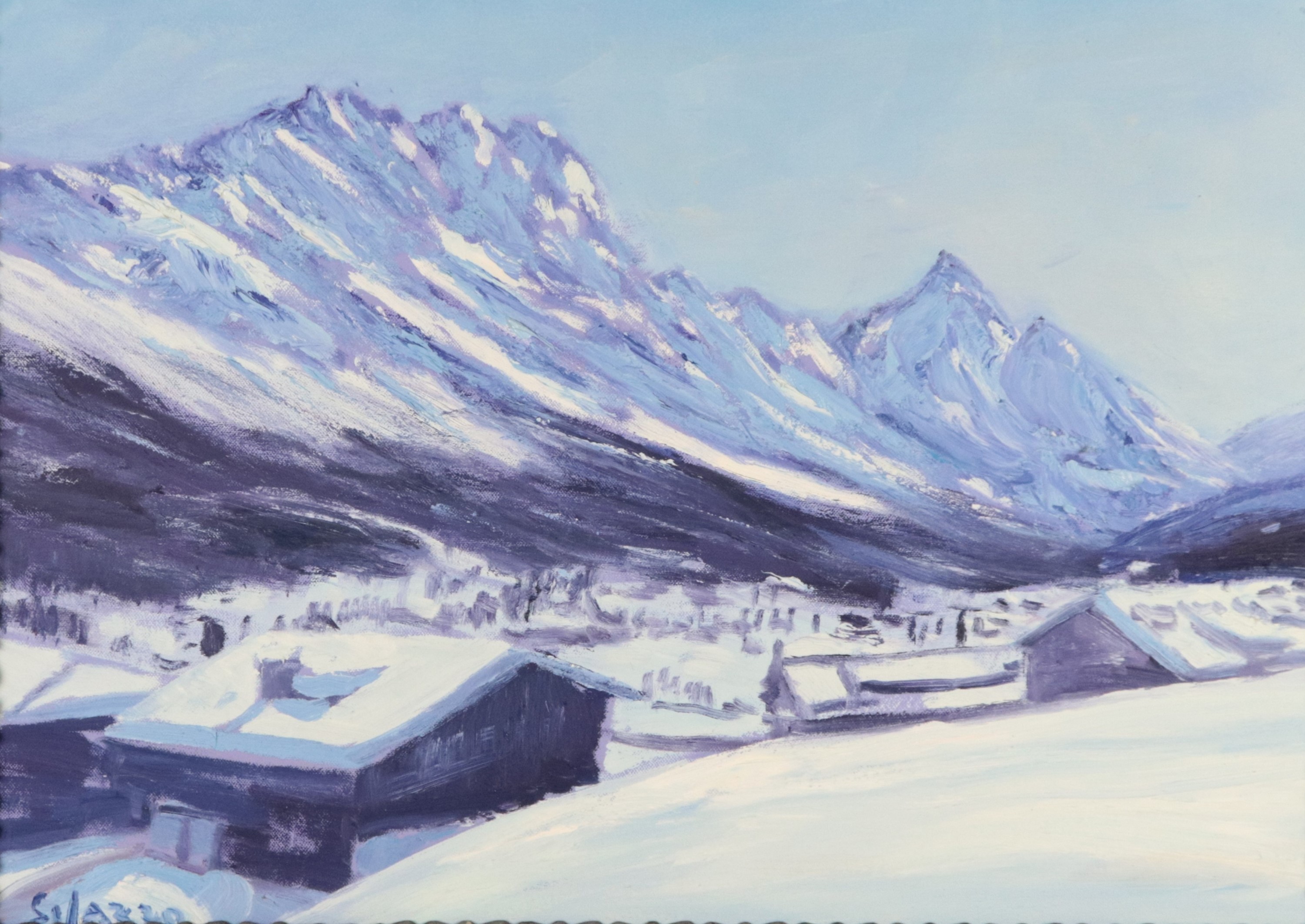 Firmato. "Veduta di Cortina innevata"