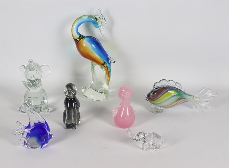 Lotto di sette piccole sculture di animali in vetro di Murano