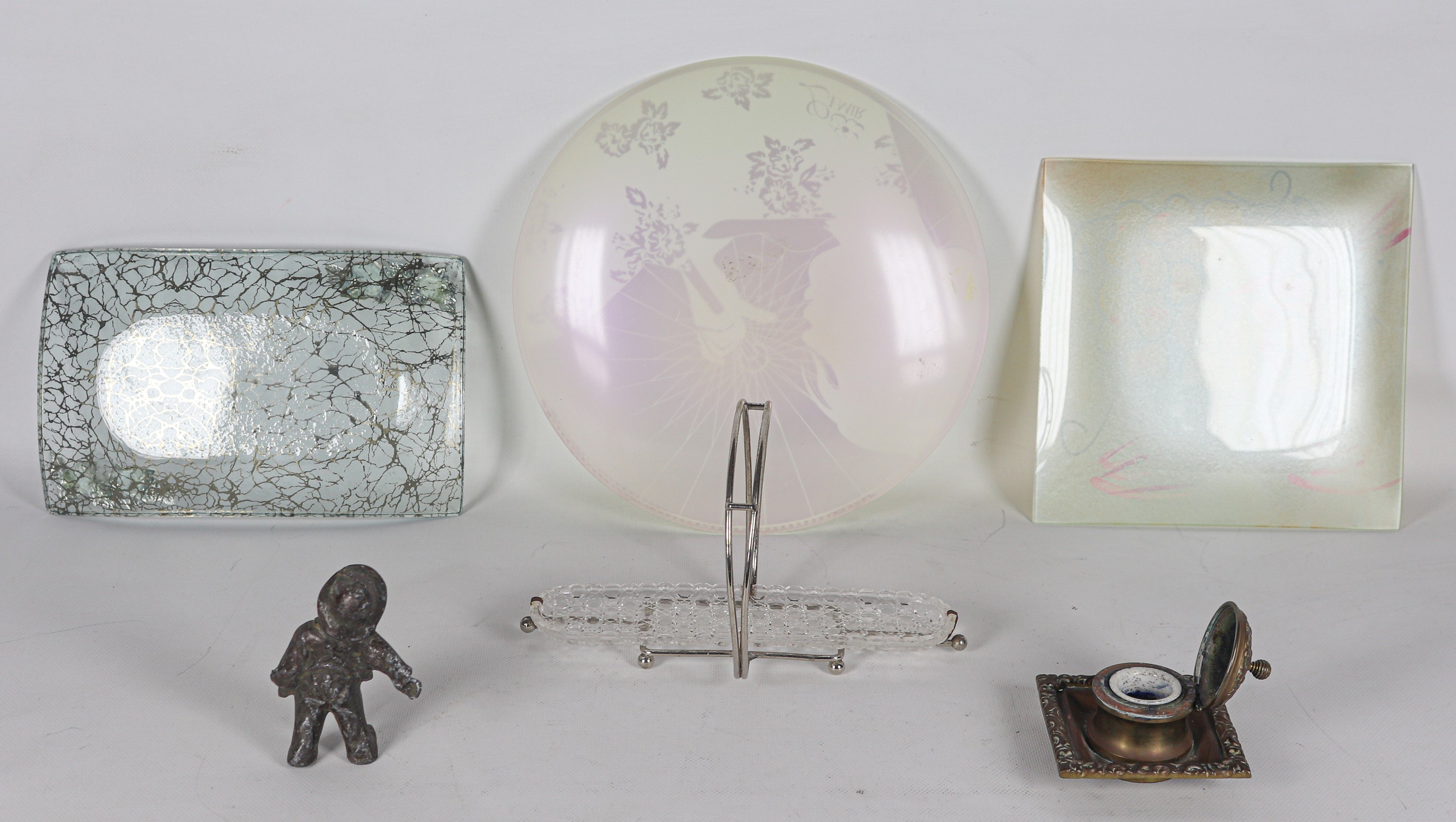 Lotto di oggetti vari in vetro, cristallo e bronzo (6 pz.)