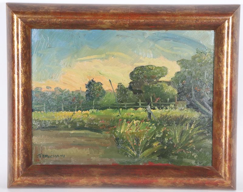 Firmato. "Paesaggio di campagna con staccionata e contadina"