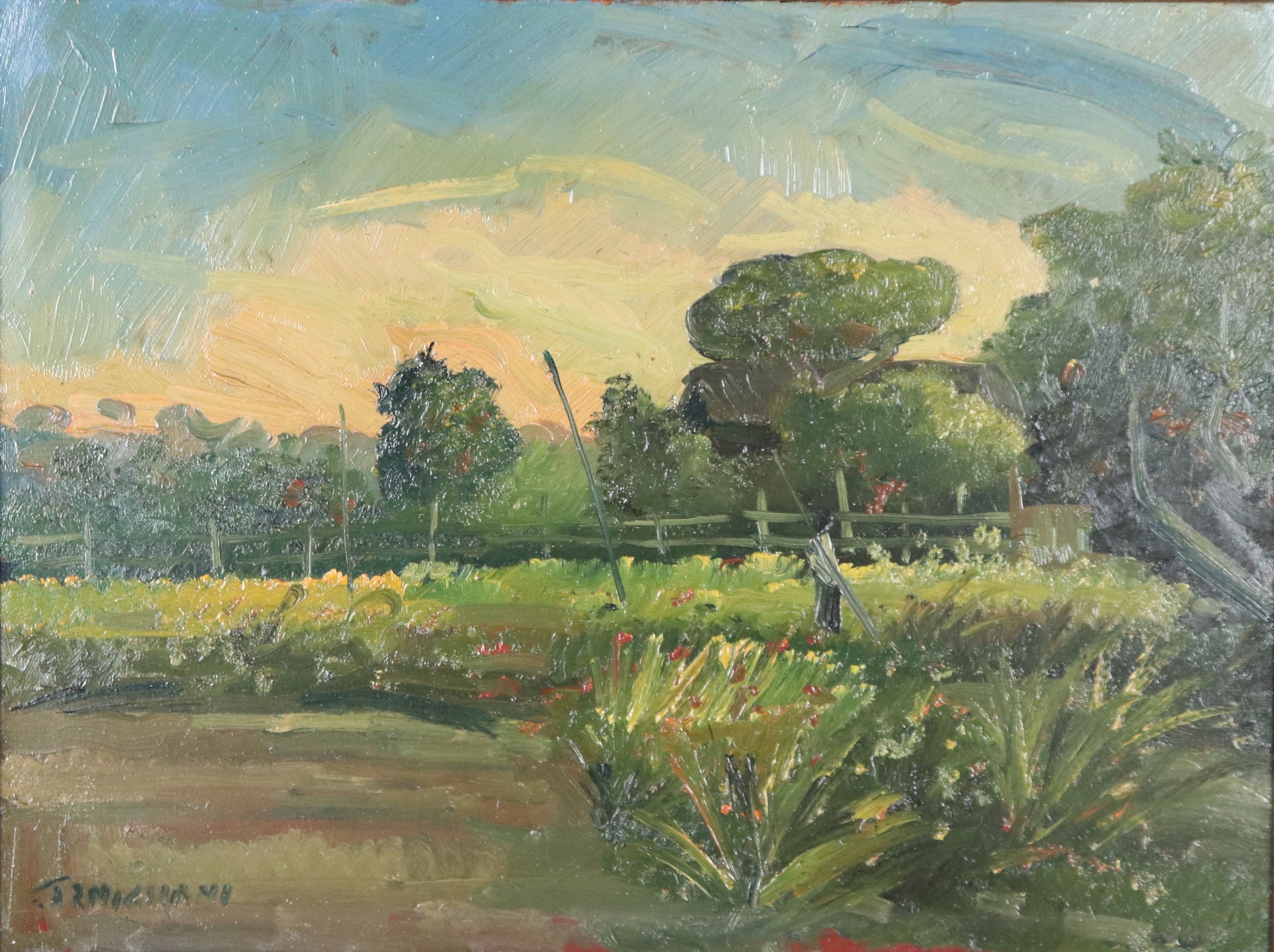 Firmato. "Paesaggio di campagna con staccionata e contadina"