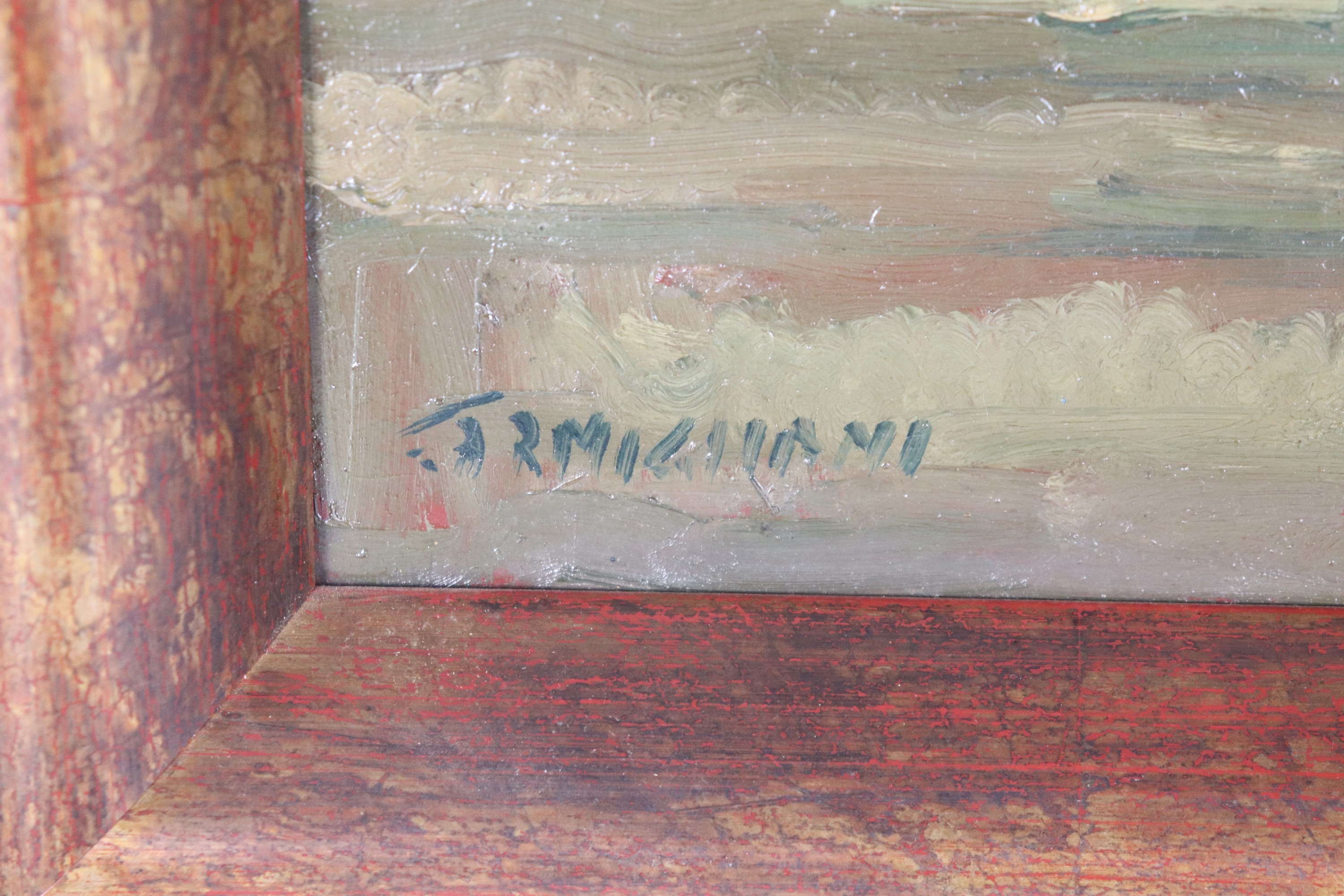 Firmato. "Paesaggio di campagna con staccionata e contadina"