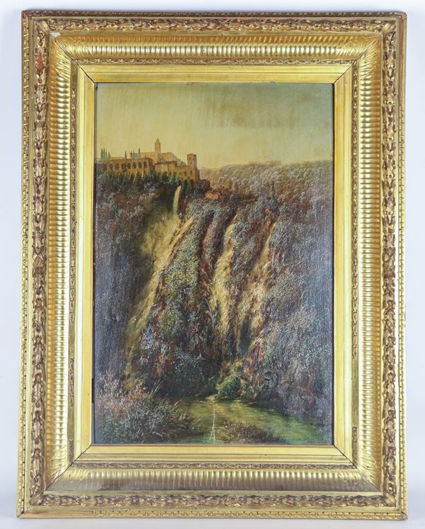 Pittore Europeo XIX Secolo - Firmato. "Veduta di Tivoli con la Villa di Mecenate e le cascatelle dell'Aniene"