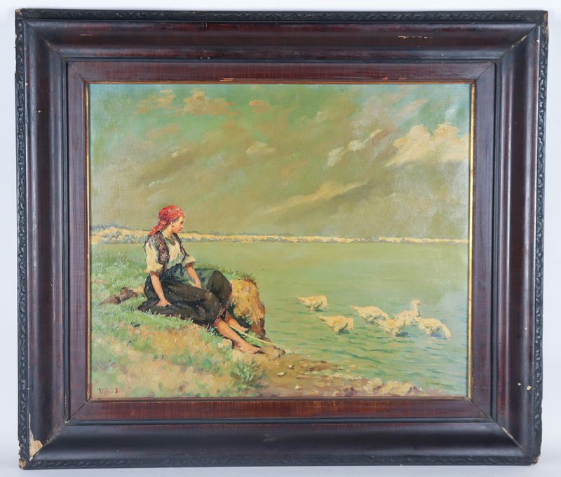 Firmato. "Contadinella al fiume con papere"