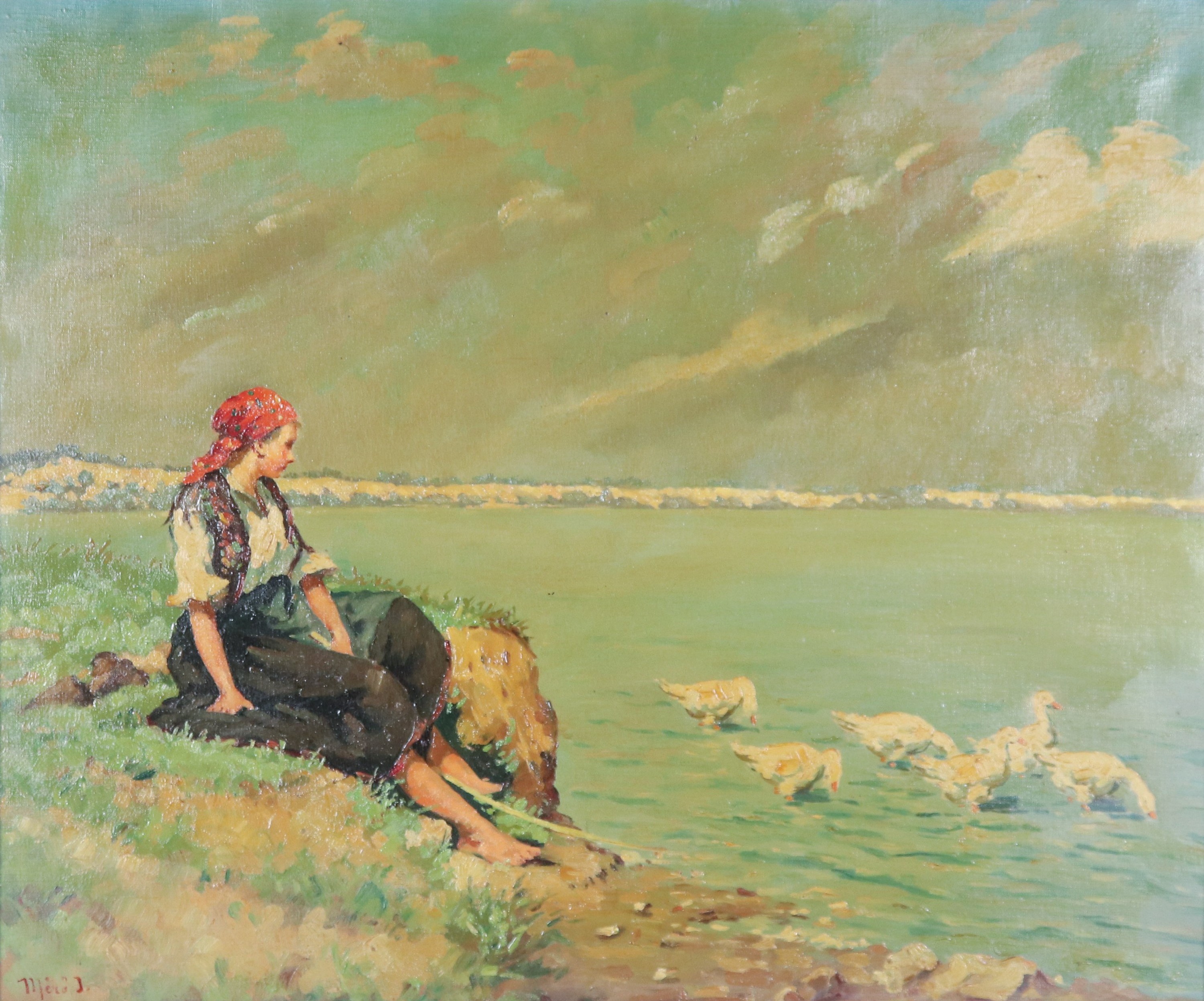 Firmato. "Contadinella al fiume con papere"