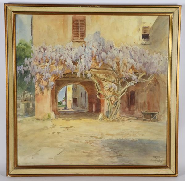 Filippo Anivitti - Firmato. "Cortile di villa di campagna con albero di glicine"
