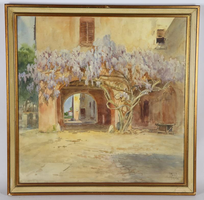 Firmato. "Cortile di villa di campagna con albero di glicine"