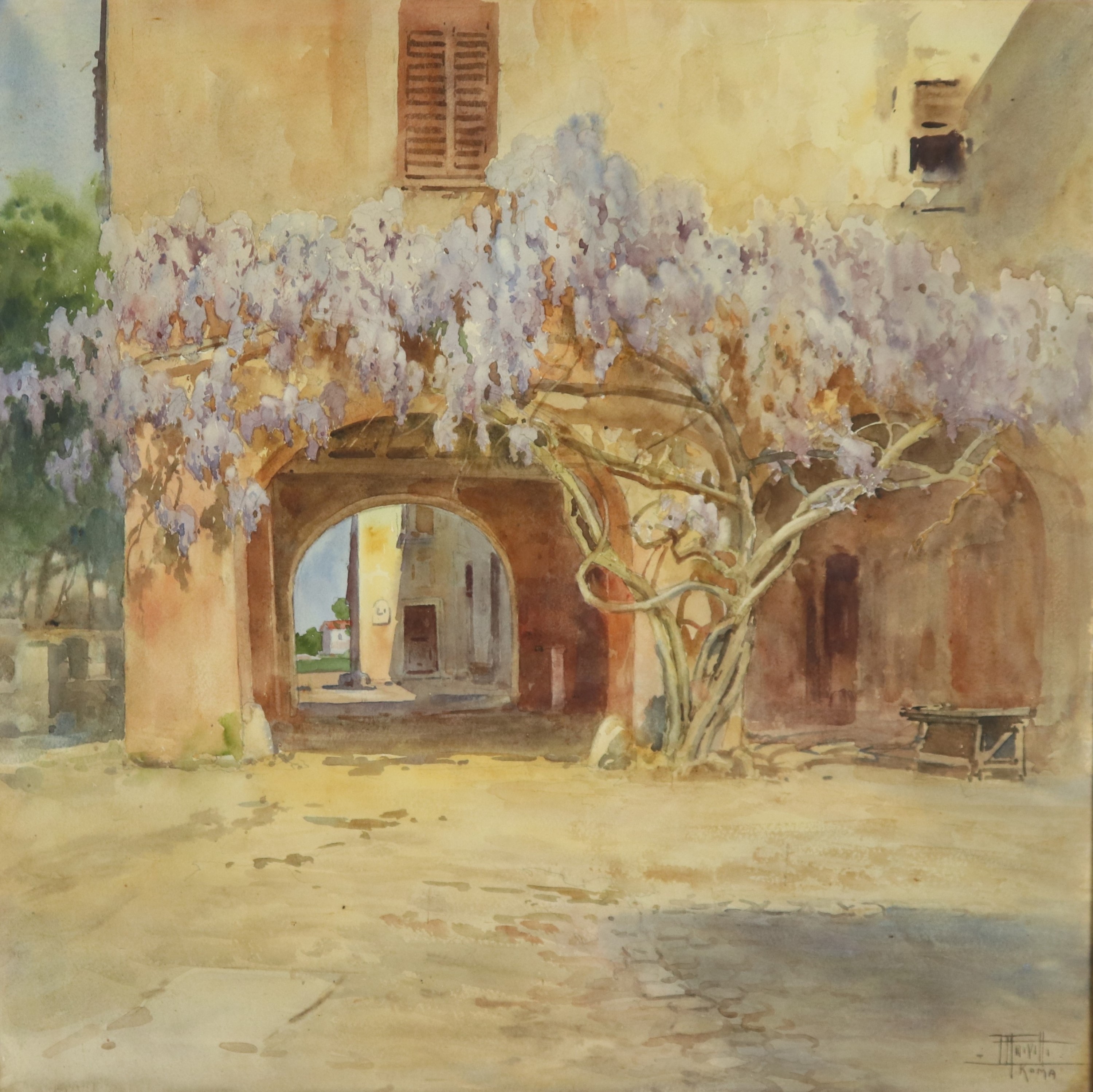 Firmato. "Cortile di villa di campagna con albero di glicine"