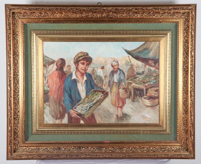 Firmato. "Mercato con venditore di pesci"