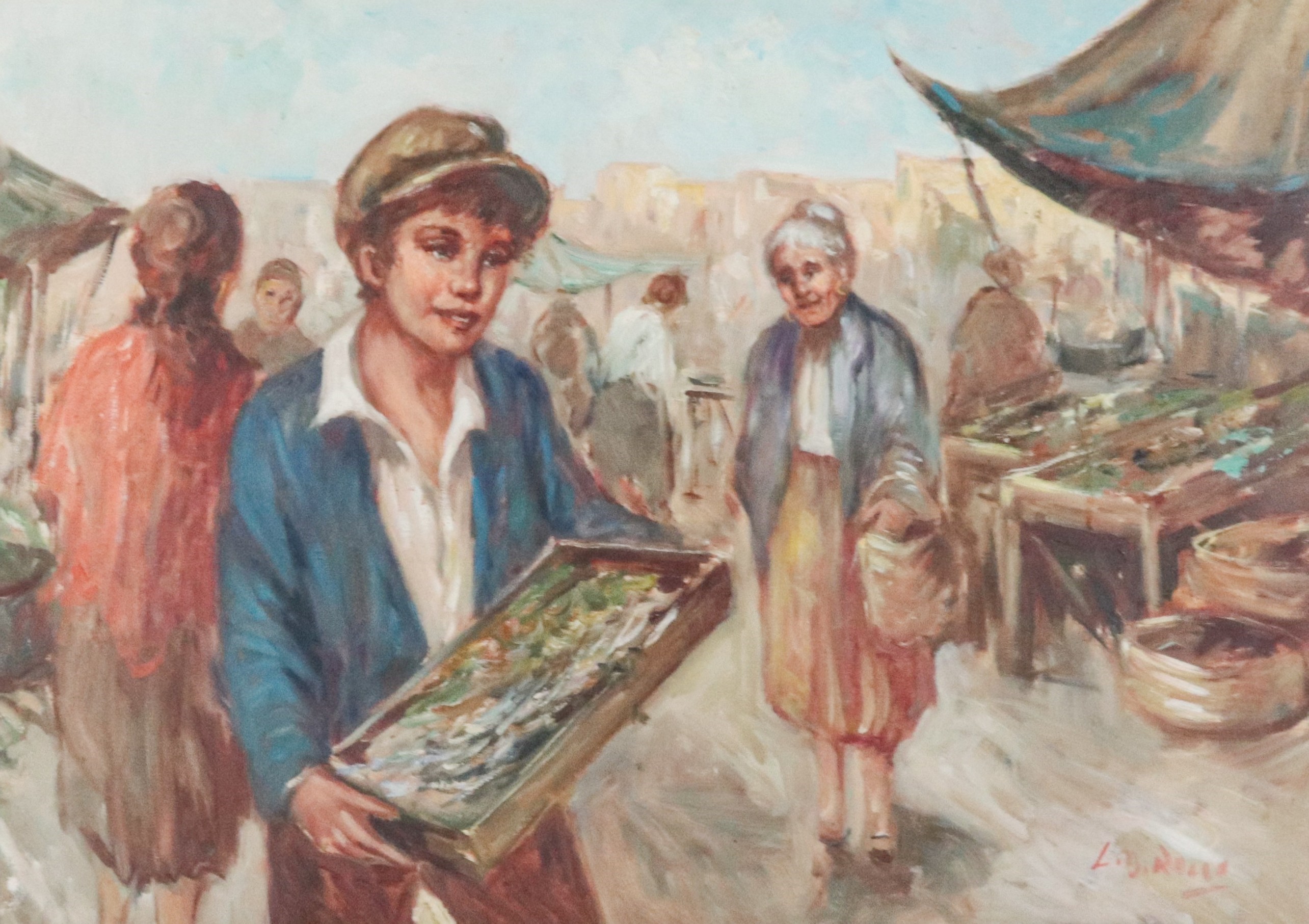 Firmato. "Mercato con venditore di pesci"