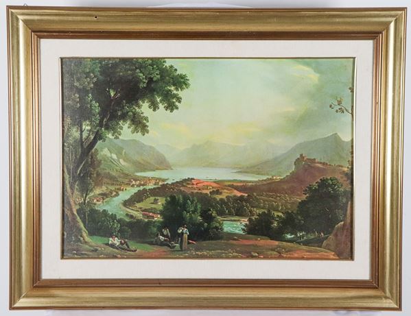 Pittore Italiano Inizio XX Secolo - "Paesaggio con fiume, lago e contadini"