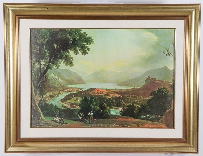 "Paesaggio con fiume, lago e contadini"