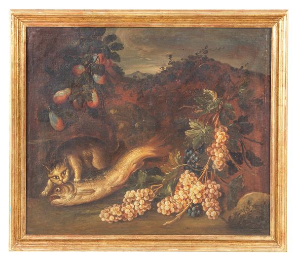 Scuola Napoletana Fine XVII Secolo - "Natura morta di frutta , pesce e gattino"