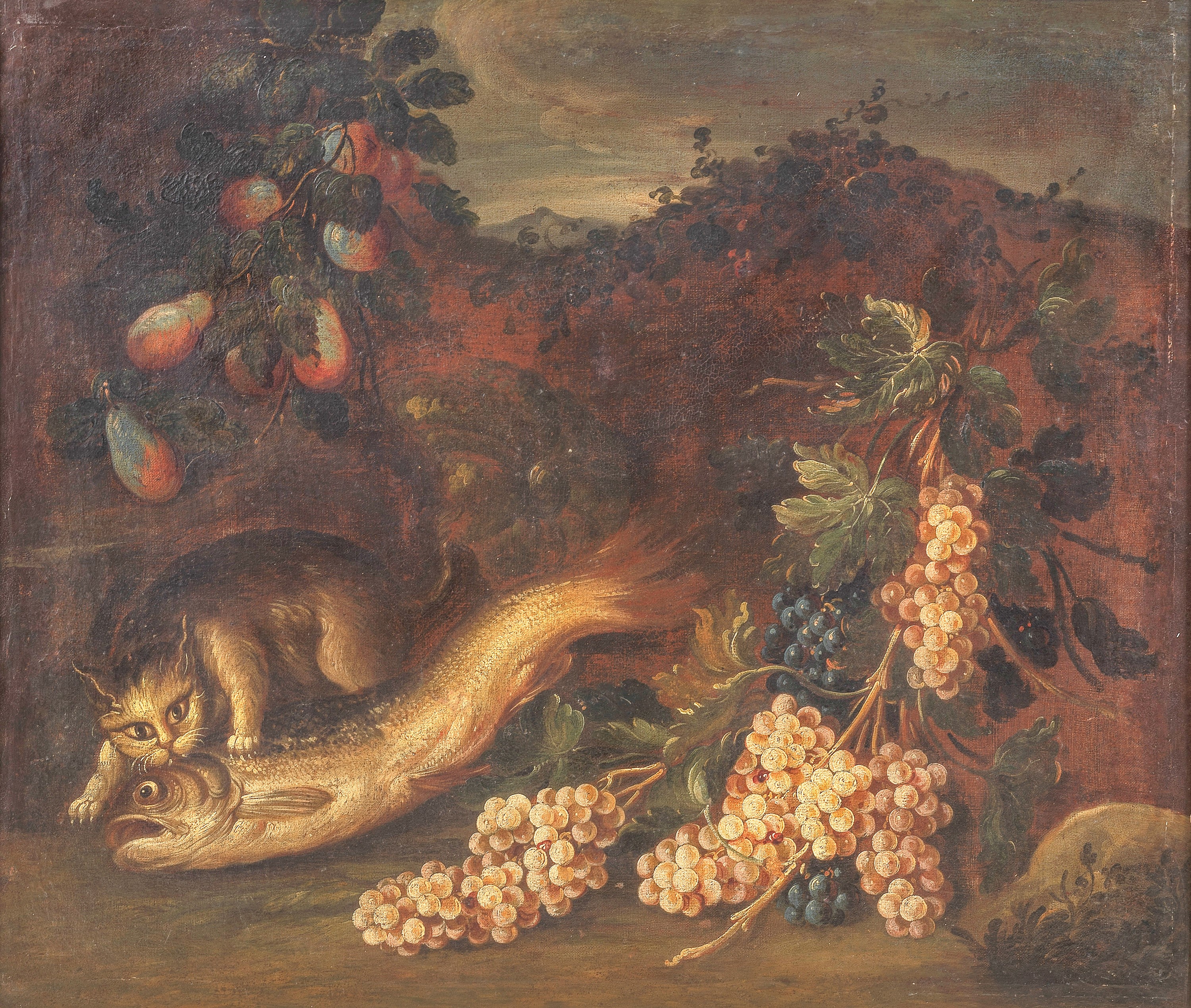 'Natura morta di frutta , pesce e gattino'