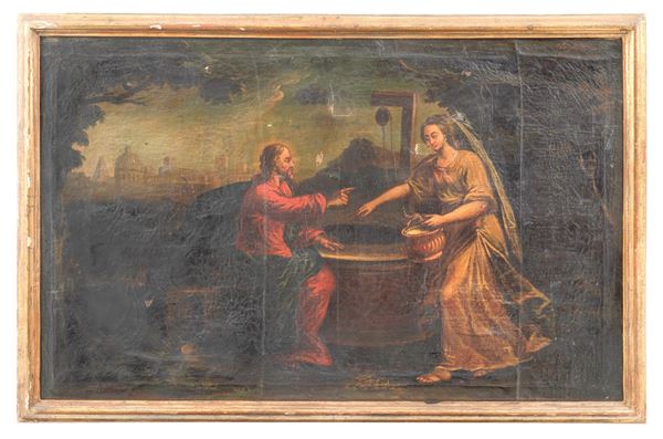 Scuola Italiana XVIII Secolo - "La Samaritana al pozzo e Roma sullo sfondo"