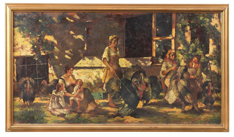 Firmato. 'Contadine con tacchini'