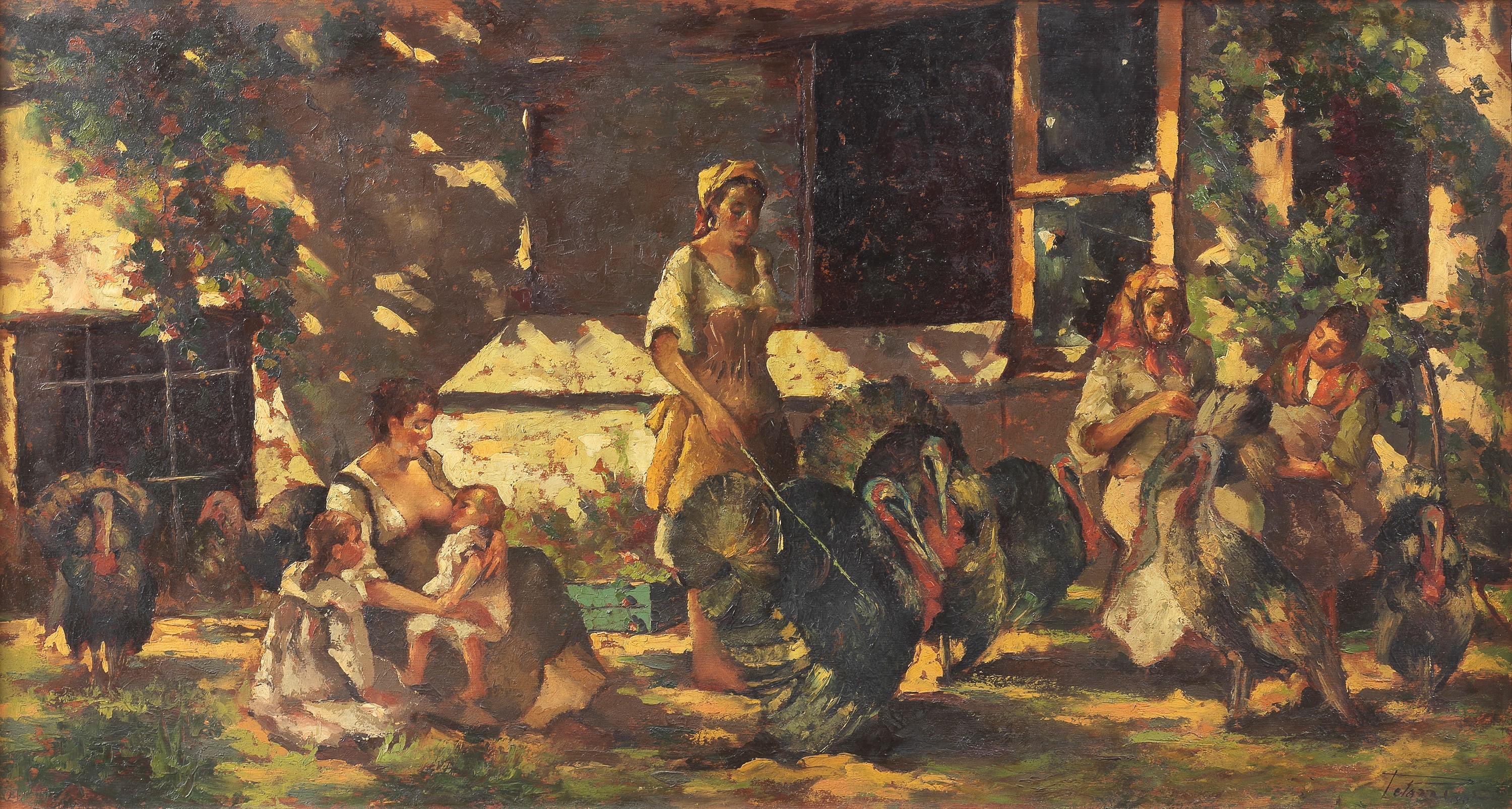 Firmato. 'Contadine con tacchini'