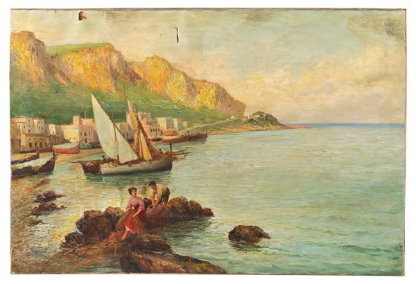 Carlo Ferranti - Firmato. "Marina con veduta di costa, barche e pescatori"