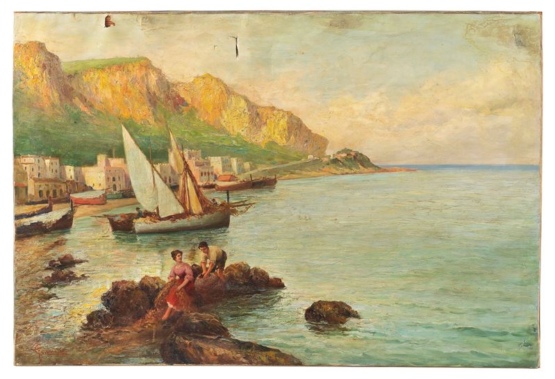 Firmato. 'Marina con veduta di costa, barche e pescatori'