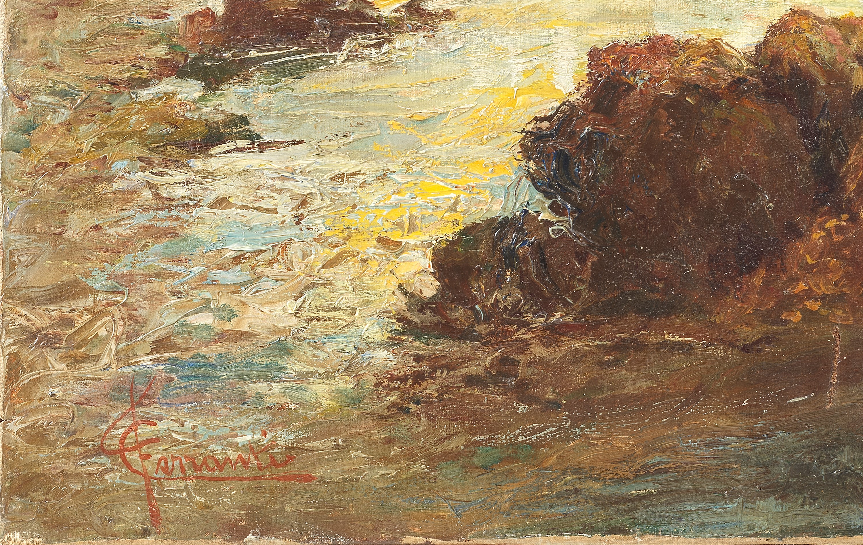 Firmato. 'Marina con veduta di costa, barche e pescatori'