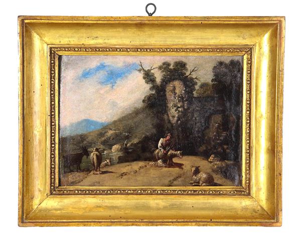 Scuola Italiana Fine XVII Secolo - "Paesaggio con pastore, pecore e caprette"