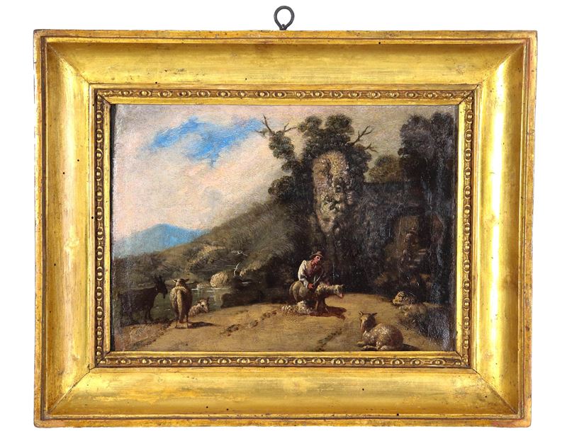 "Paesaggio con pastore, pecore e caprette"