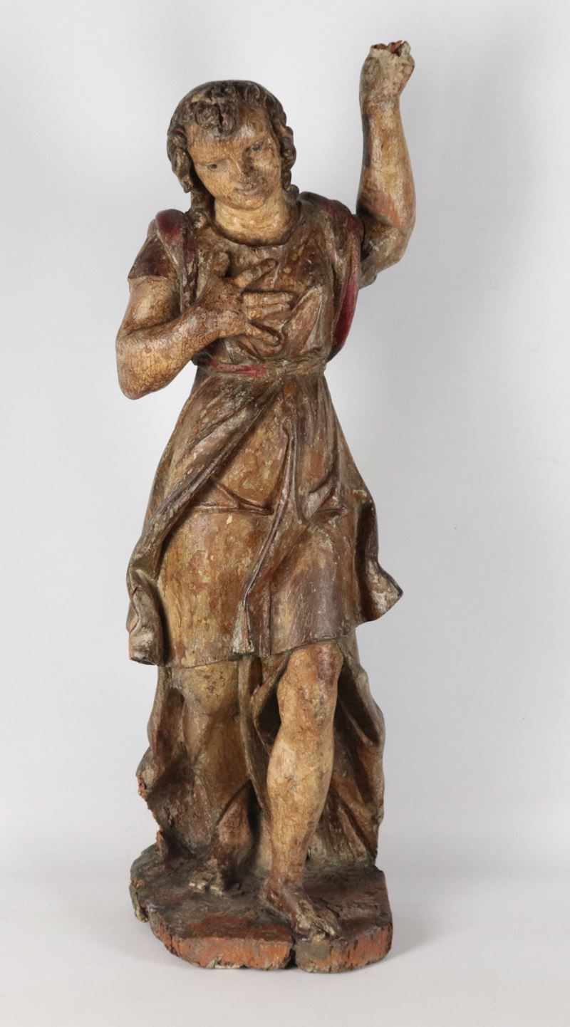 "Angelo", antica scultura lignea con tracce di policromia, doratura e argentatura