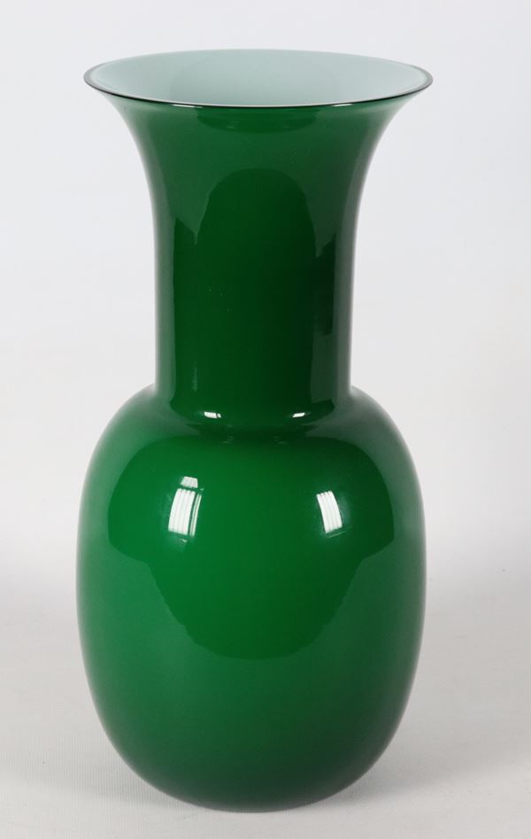 Green Murano glass vase with a milky-white interior. Signature engraved under the base: Aureliano Toso 1982