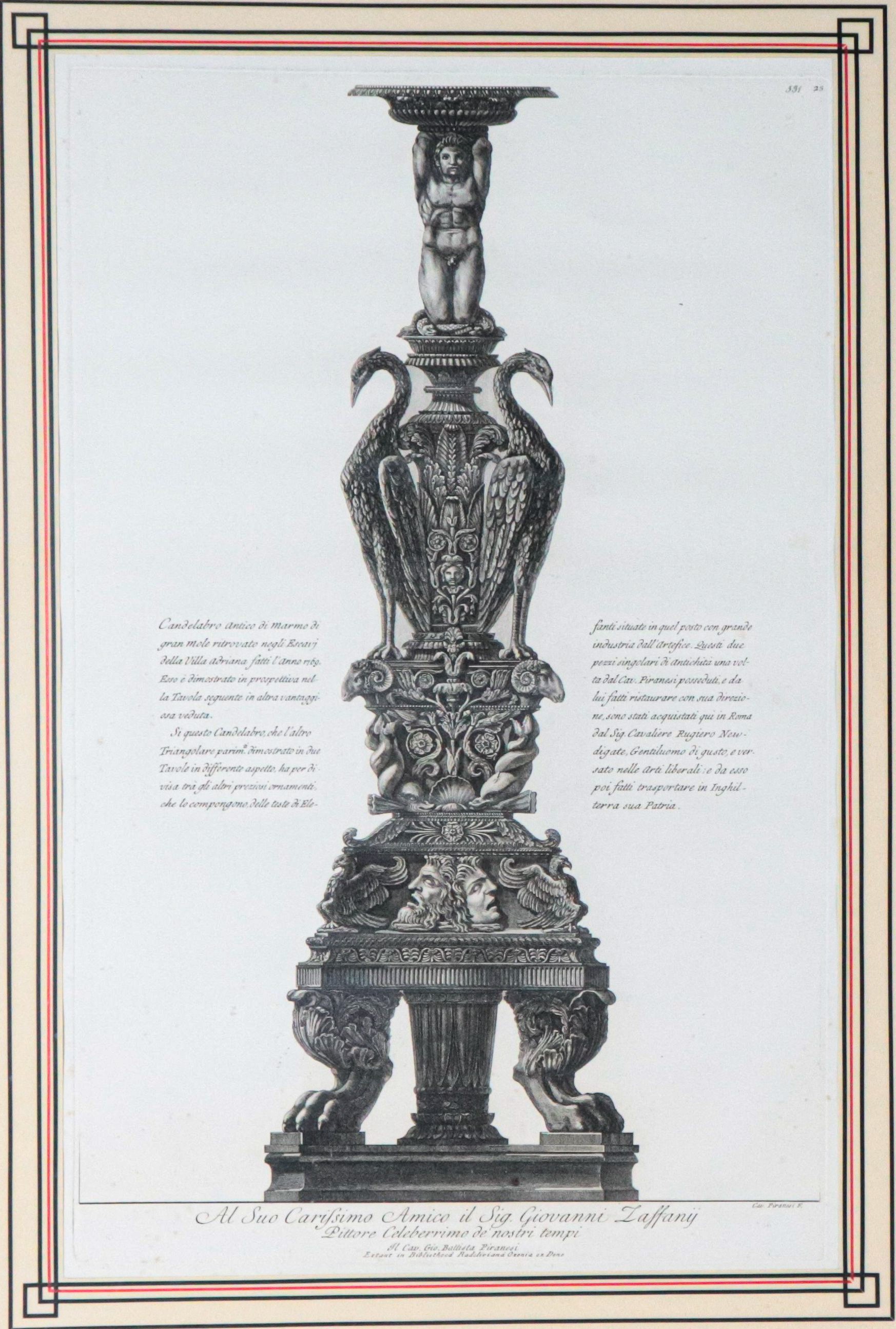 "Candelabri antichi di marmo di gran mole ritrovati negli scavi della Villa Adriana nell'Anno 176...
