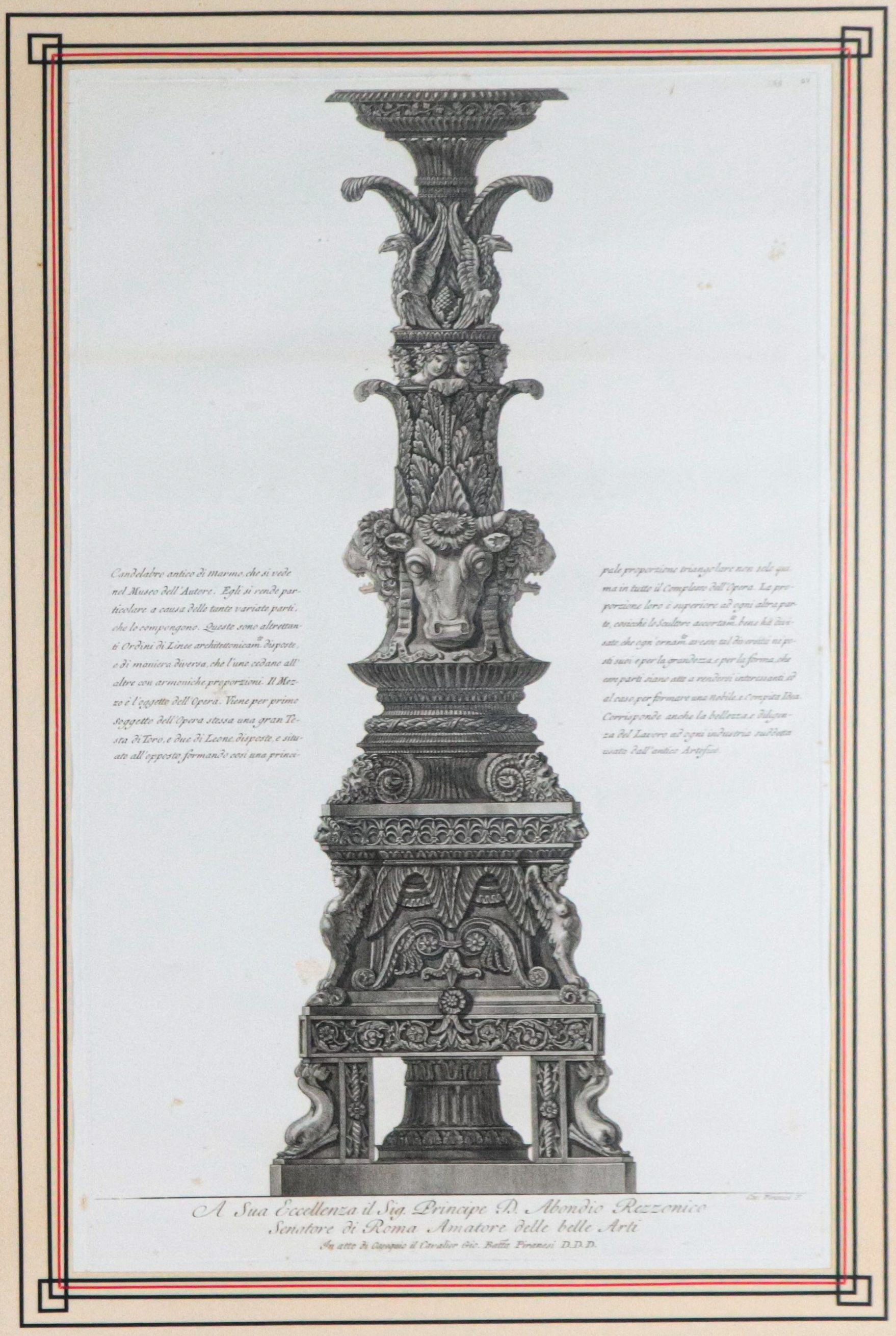 "Candelabri antichi di marmo di gran mole ritrovati negli scavi della Villa Adriana nell'Anno 176...