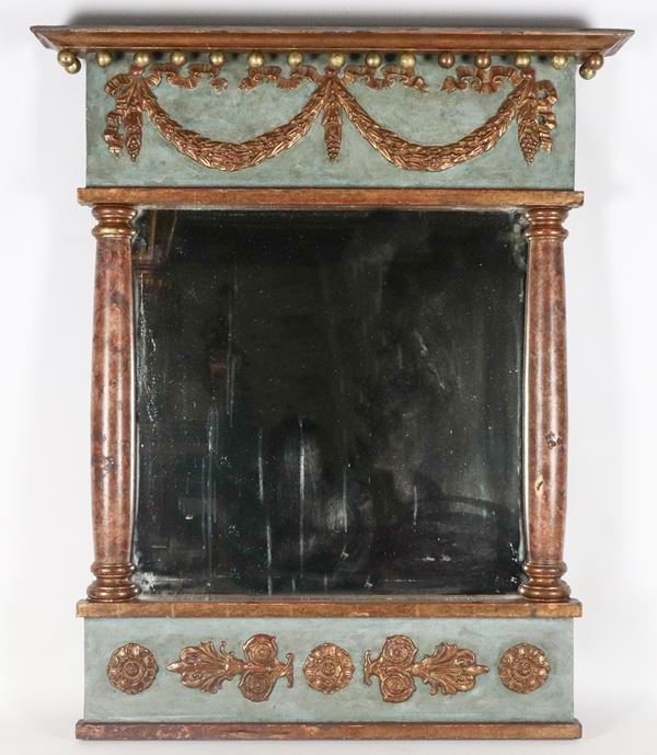 Roman Empire style mirror, in light blue lacquered wood with garlands and columns in gilded and carved wood