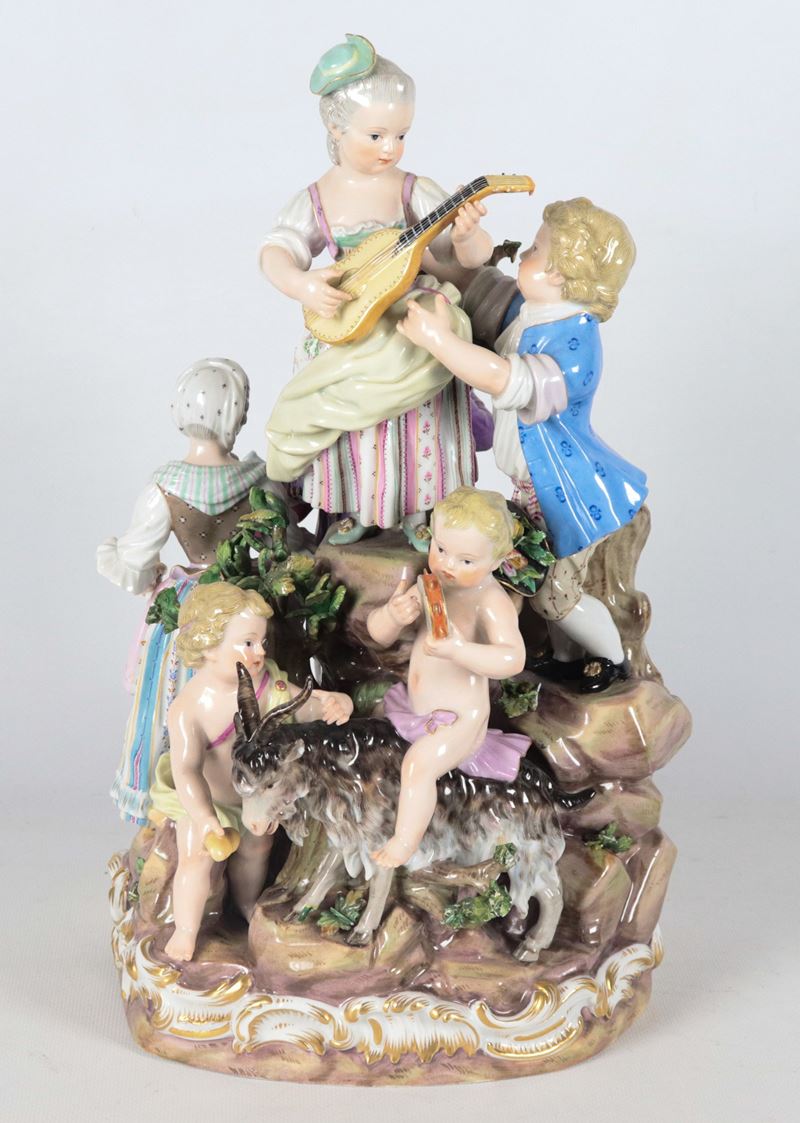 "Festa campestre", antico grande gruppo in porcellana policroma di Meissen