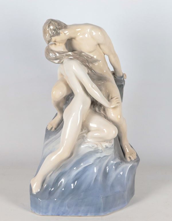 "Wave and Rock", large polychrome and enameled porcelain group, Royal Copenhagen, after a design by Theodor Lundberg (1852-1926)