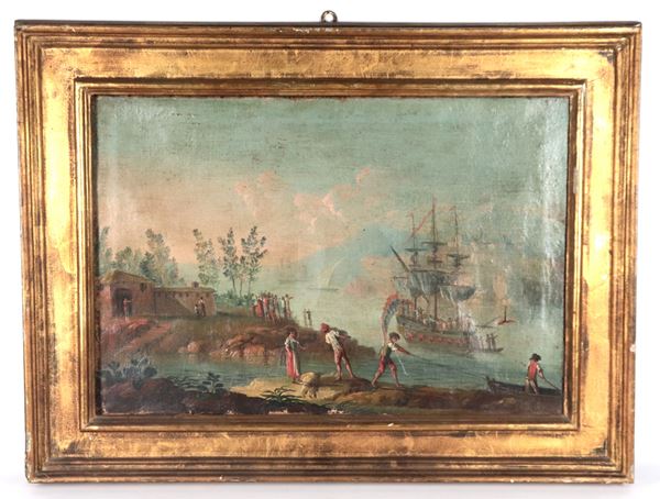 Scuola Italiana Seconda Metà XVIII Secolo - "Marina with schooner landing and boat with fishermen"