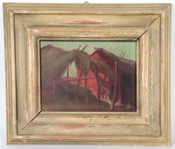 Giulio Farnese - Signed, inscribed, and dated Rome 1935. "Farmer with barn and cart with hay."