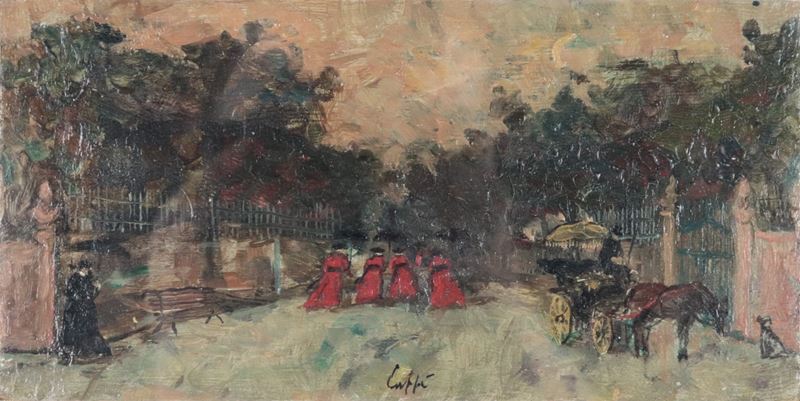 Firmato. 'Veduta di villa con pretini e carrozzella'