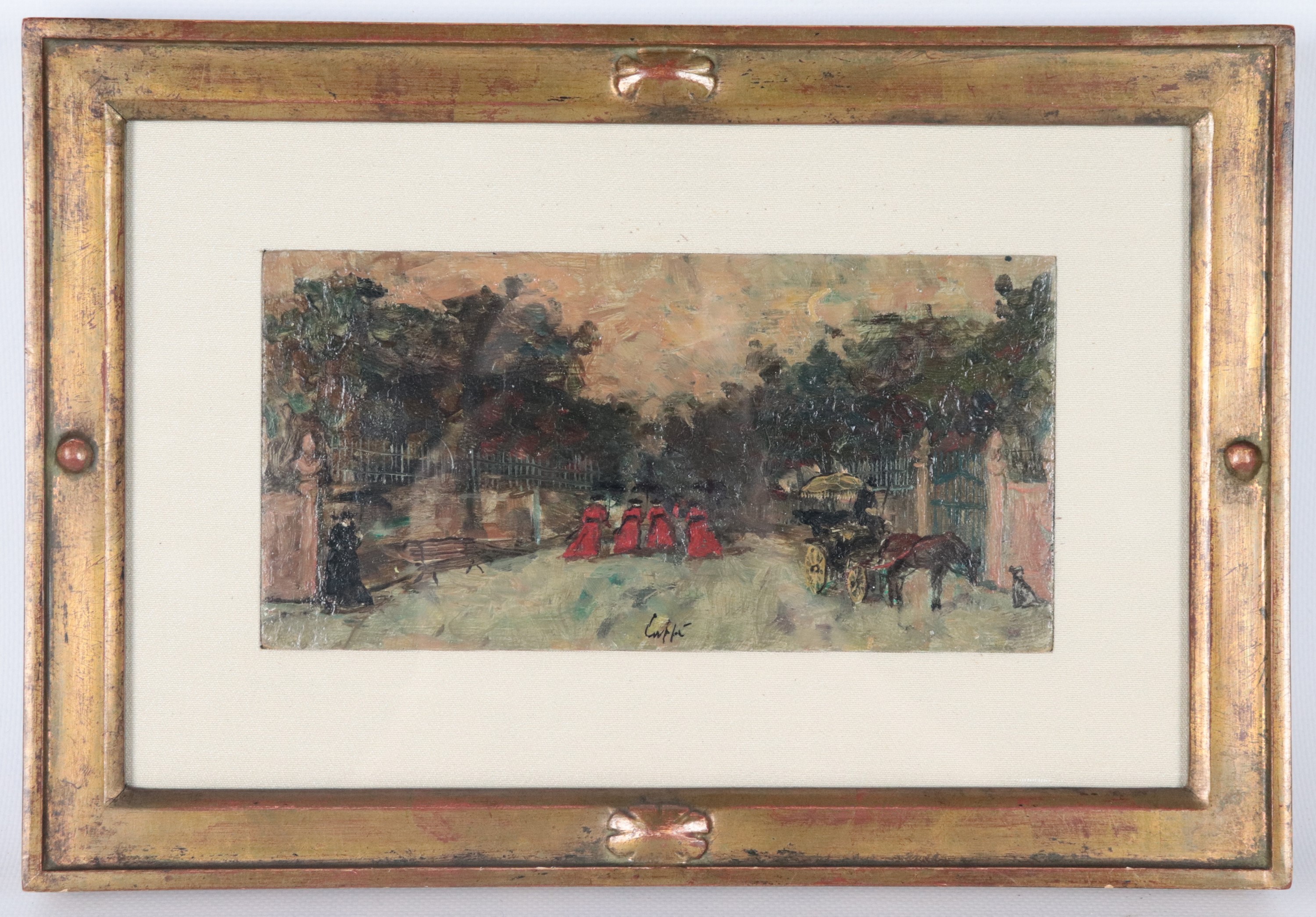 Firmato. 'Veduta di villa con pretini e carrozzella'