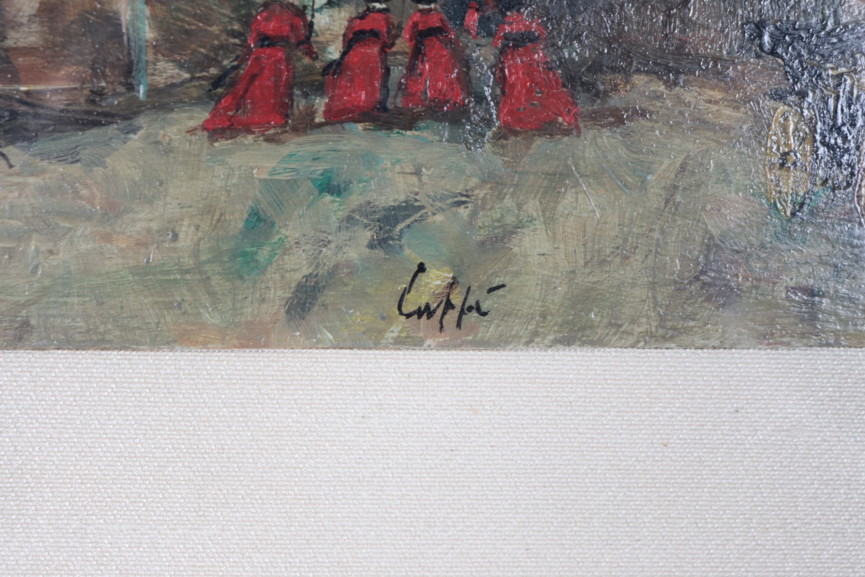 Firmato. 'Veduta di villa con pretini e carrozzella'