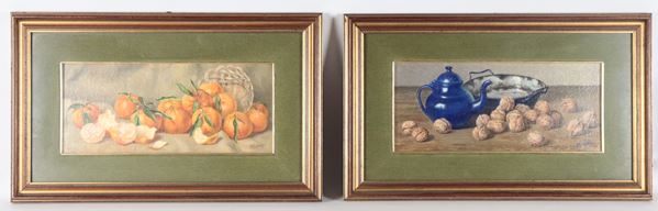 Teodoro Baruffi (attivo nel XX Secolo) - Signed. "Still Lifes of Walnuts and Oranges with a Basket"