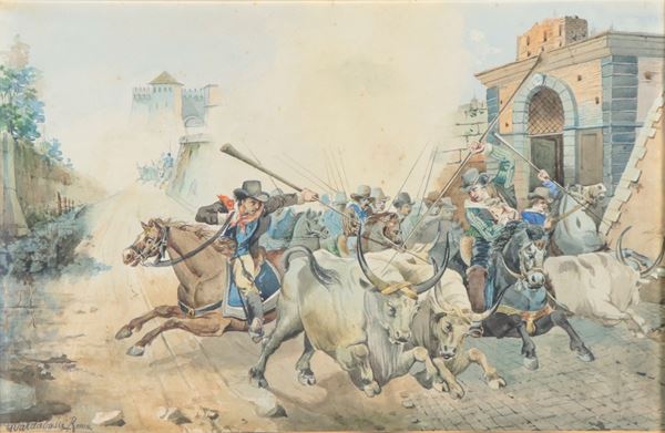 Guerrino Guardabassi - Signed and inscribed in Rome. "The Butteri Race with the Oxen."