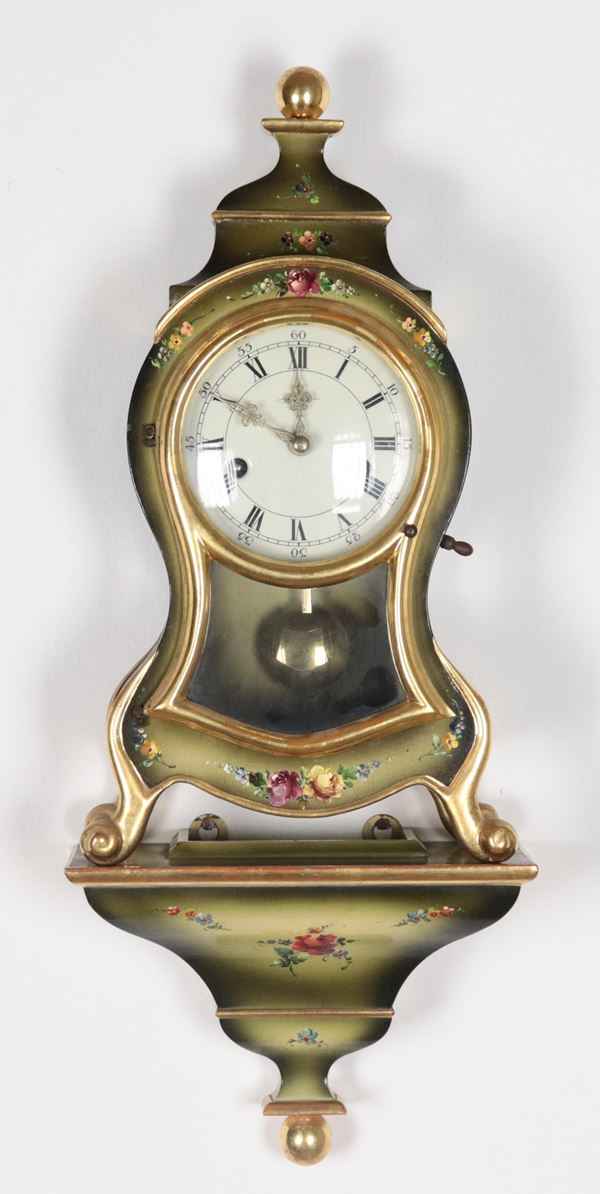 French Louis XV style cartel clock, lacquered and decorated with bouquets of flowers, white enamel dial