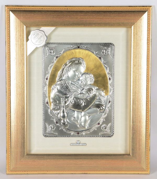 "Madonna della Seggiola", a richly chiseled and embossed 925 silver plate
