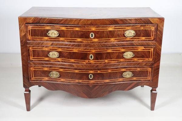 Antique Neapolitan chest of drawers in walnut, rounded shape with inlaid boxwood threads and a rosette on the purple ebony top